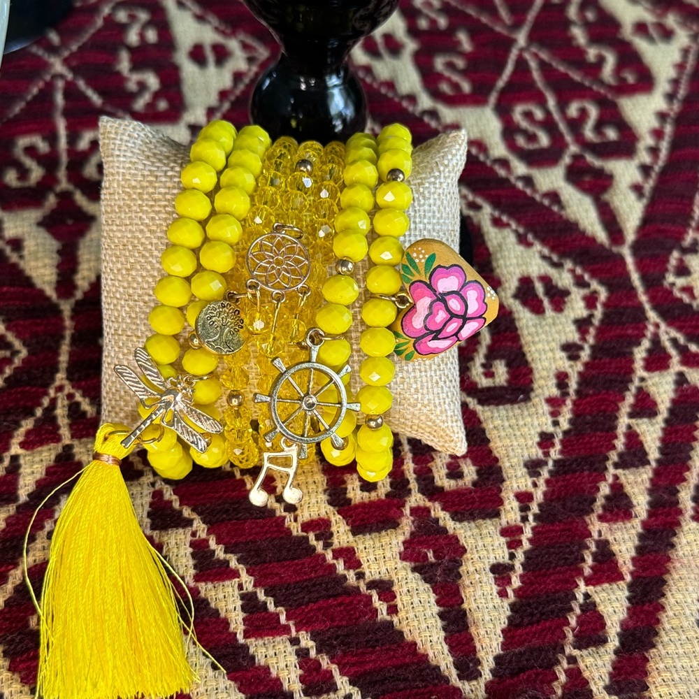 Handmade Yellow Beaded Semanario Bracelet Set 7 Day Mexican Artisan Gold Charm